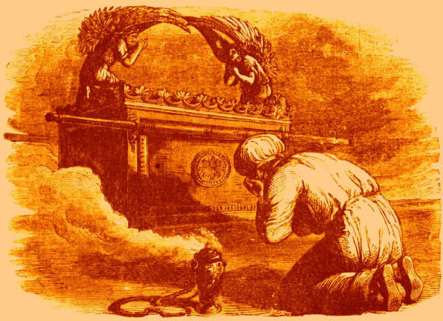 The High Priest offering his annual sacrifice of goat's blood to the Ark of the Covenant in the Holy of Holies on Yom Kippur.